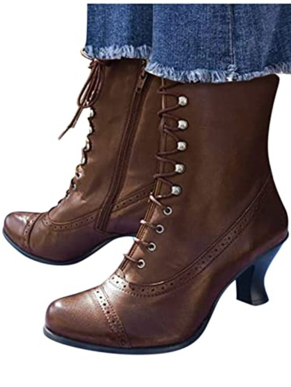 🆕 Women Chunky Mid Calf Boots Lace Up Leather Pointed Toe Booties Classy Solid